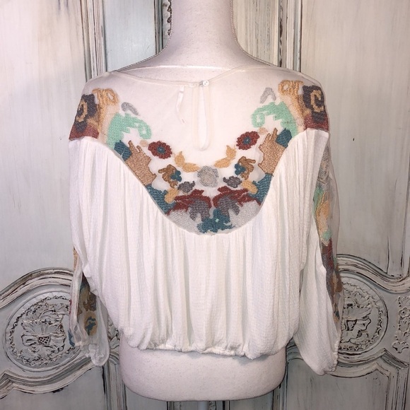 Free People Mid Dolman Sleeve Elastic Waist Embroidered on Netting Bodice S/SP - Picture 9 of 13